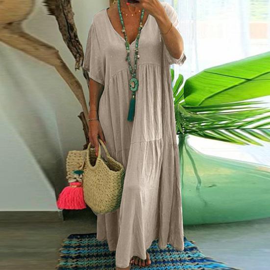 Women Summer Cotton Linen Maxi Dress Loose Short Sleeve V-Neck Flowy Dress Casual Tiered Beach Swing Dress