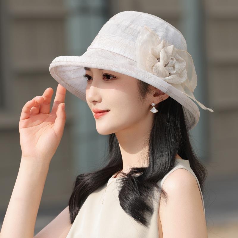 WTEMPO Women's Elegant Organza Flower Sun Hat Lightweight Mesh Bucket Hat with Floral Detail Breathable Casual Cap for Mature Ladies Spring Summer