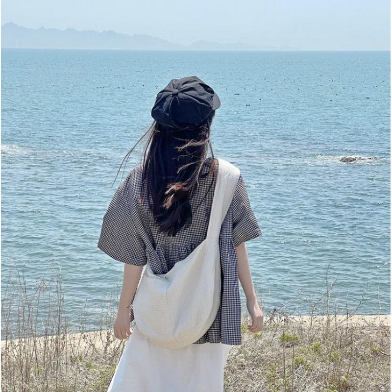 Summer Thin Ort Plaid Casual Women's Shirt Small Size Commute Loose Fit Regular Length Doll Collar