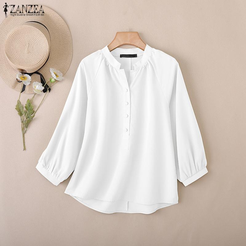 ZANZEA Women Casual Round Neck Solid Color Loose 3/4 Sleeve Blouse