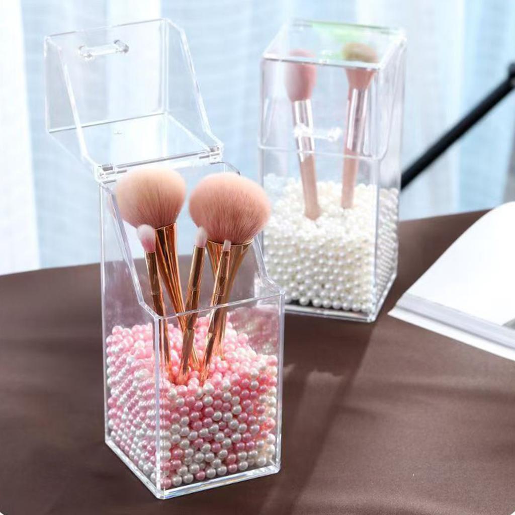 Cosmetic Brush Storage Box Transparent Acrylic Organizer Box With Pearl Decorations For Makeup Household Bathroom Storing Box