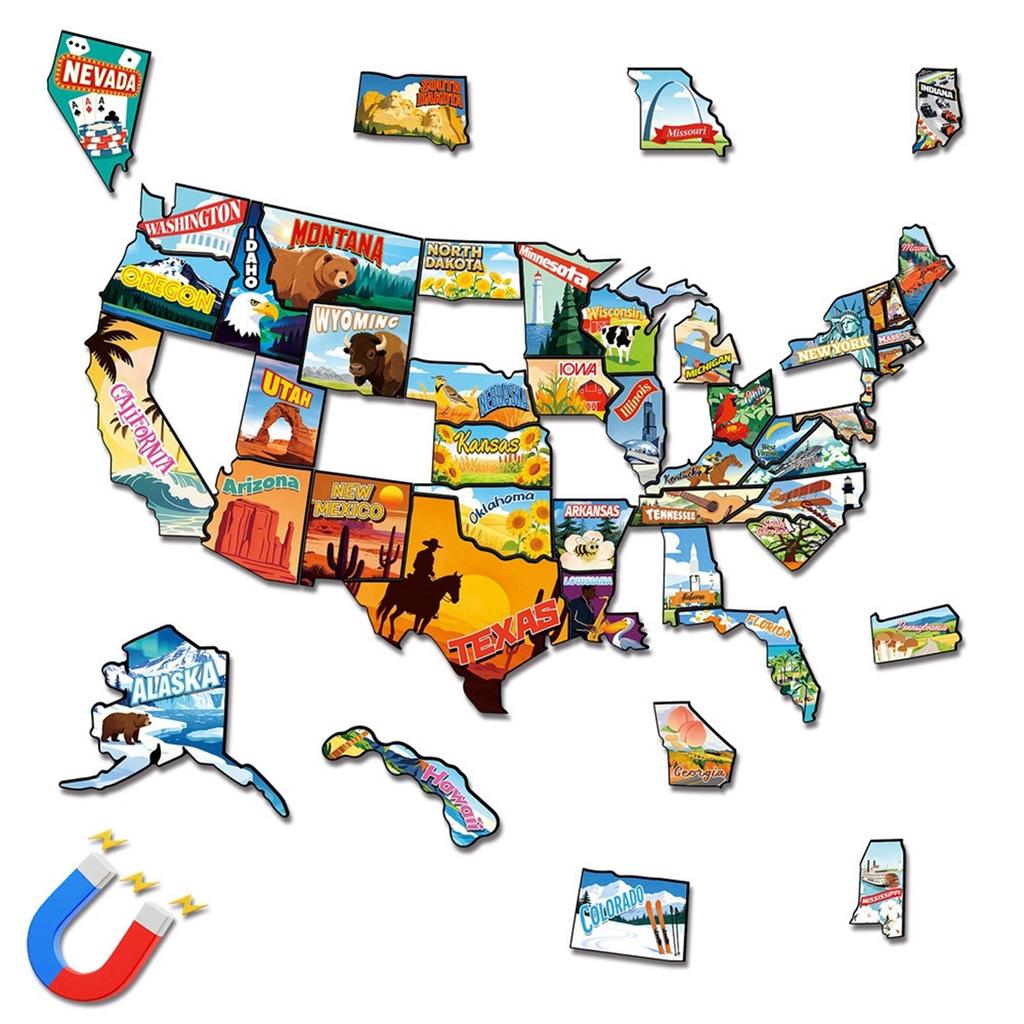 Magnetische Puzzle-Sticker mit den 50 Bundesstaaten der Vereinigten Staaten, mit Reisebezug . PVC Magnetische Puzzle-Aufkleber.