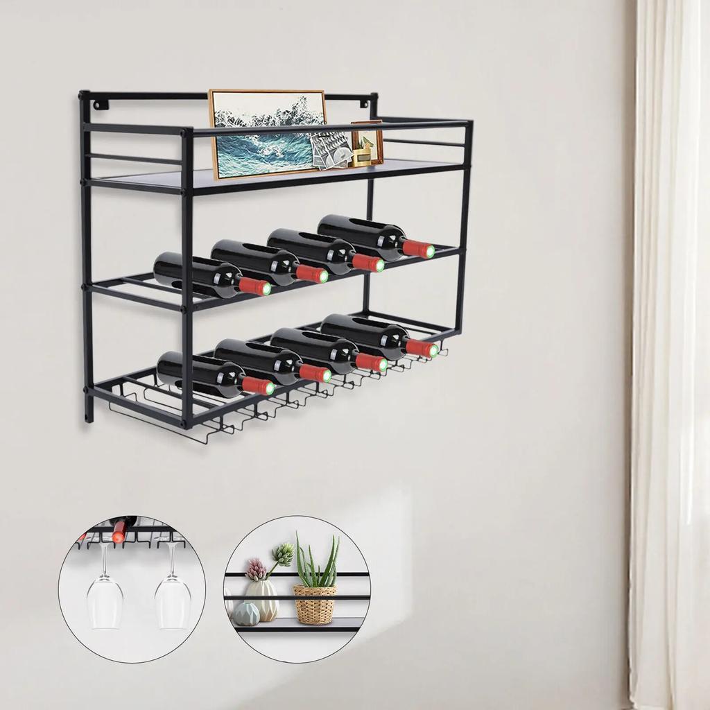 Wall Mount Wine Storage Rack with Glass Holder Steel Shelf 3-Tier Bottle Organizer for Home Bar Decor