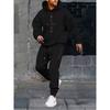 Mens Hooded Fleece Sweatshirt Set Black Letter Print Casual Sportswear Tracksuit