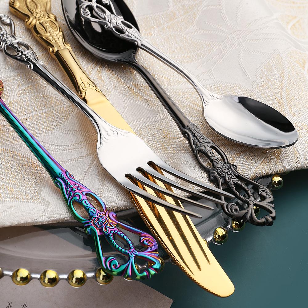 European Style Stainless Steel Embossed Cutlery Set - 24-Piece Gift Box with Steak Knife and Fork.