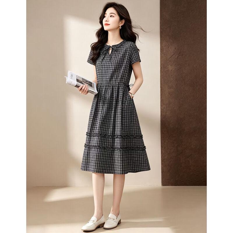 D.F.DEAR Women's Retro Plaid Ruffle A-Line Dress