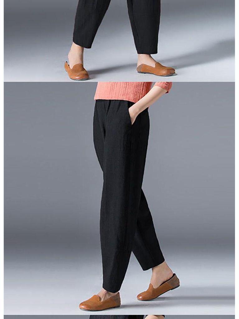 Damen Frühlings-Baumwoll-Leinen High Waist Schlankmachende Haremshose - Locker, Vielseitig, Große Größen Cropped Karottenstil