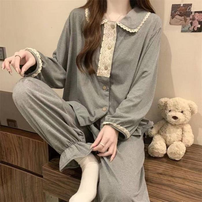 Spring Autumn Rest Pajamas for Women Korean Fashion Long Sleeve Tops and Pants Sleepwear Casual Lace Splicing Lapel Loungewear
