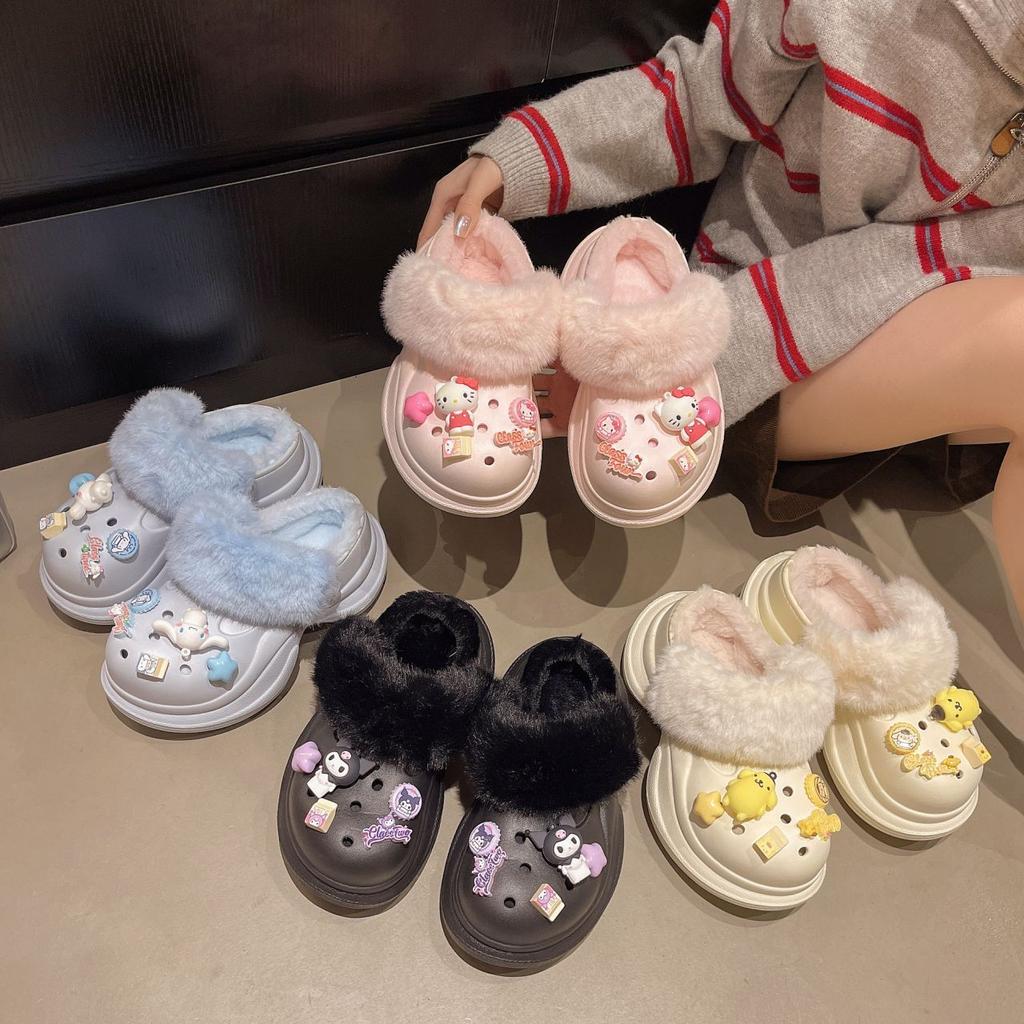 Wear heightening non-slip fluffy cotton slippers 2025 autumn and winter new cute cartoon velvet thick-soled hole shoes for women