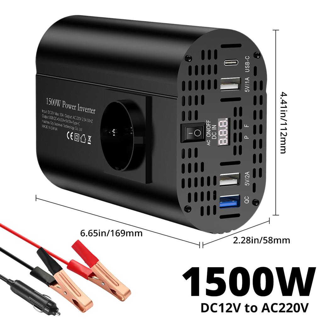 400W/500W/1500W Car inverter DC 12V to AC 220V converter, 3USB 2.0 and 1USB QC3.0 European standard socket