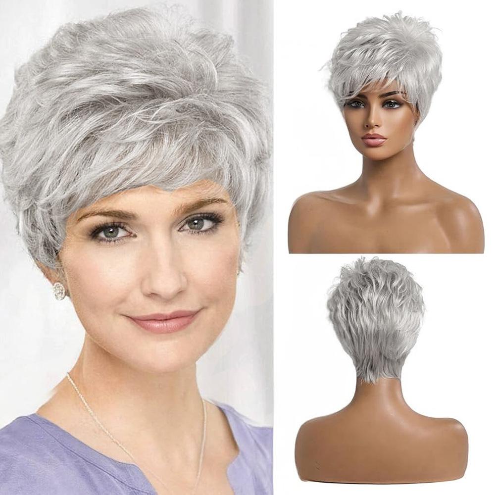 

Fashionable Short-Style Gradient Gray Natural Machine-Made Wig for Women