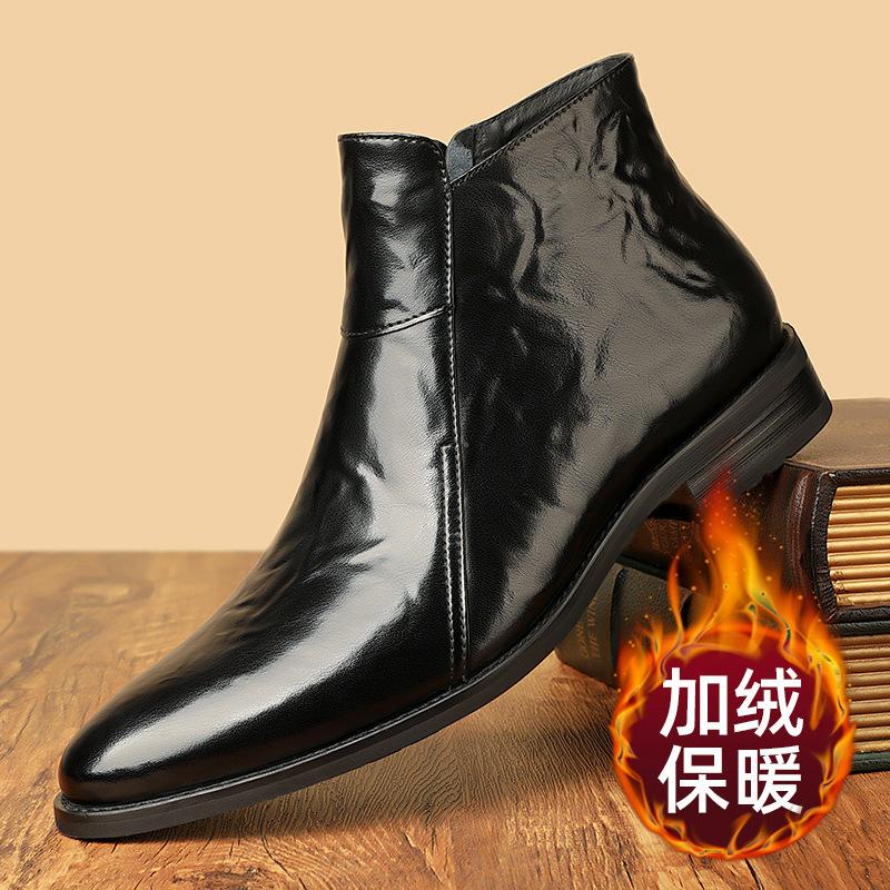 Autumn and Winter New Men's Chelsea Boots Retro British Pointed High-top Leather Boots Men's Velvet Warm Black Short Boots