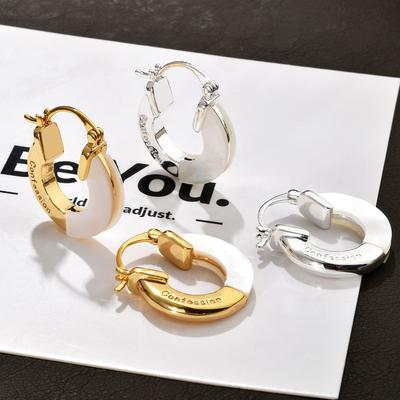 2026 Korean Fashion Shell Splicing Hoop Earrings - Minimalist "Confession" Letter Ear Buckles for Women Commuter Light Luxury Jewelry