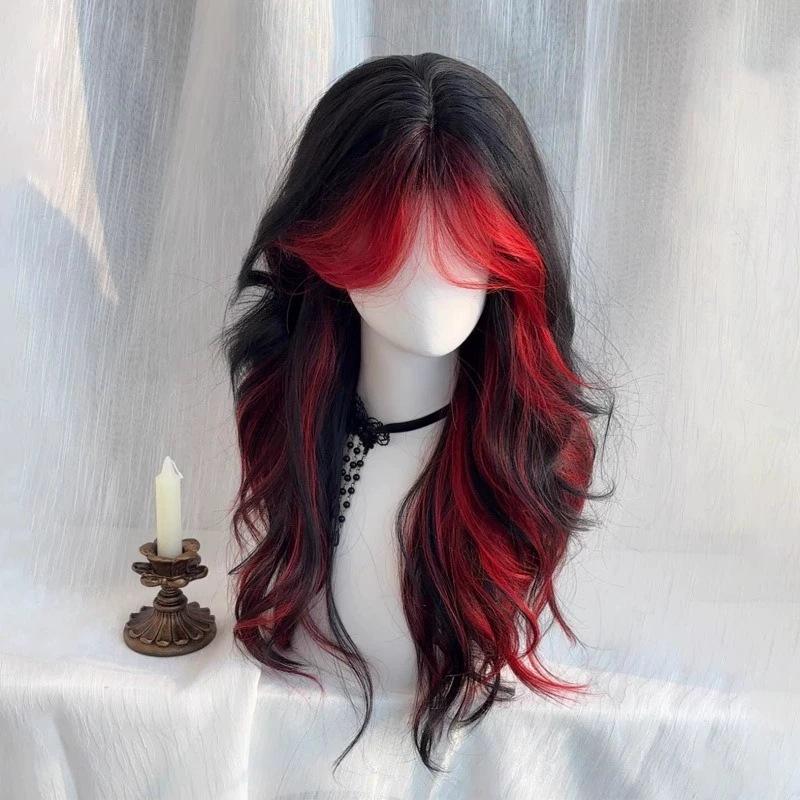 Bloody Mary: Wig Punk Style Black Red Bangs Dyed With A Split Figure Eight Cross Long Curly Hair Headband Wigs