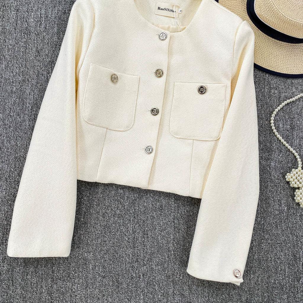 Autumn Winter Women Elegant Little Fragrant Wind Full Sleeve Single Breasted Tweed Short Jacket Coat with Pocket