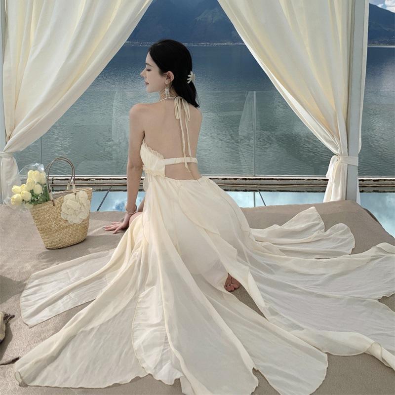 Sexy white suspender neck dress female summer temperament high sense seaside vacation halter fairy long skirt
