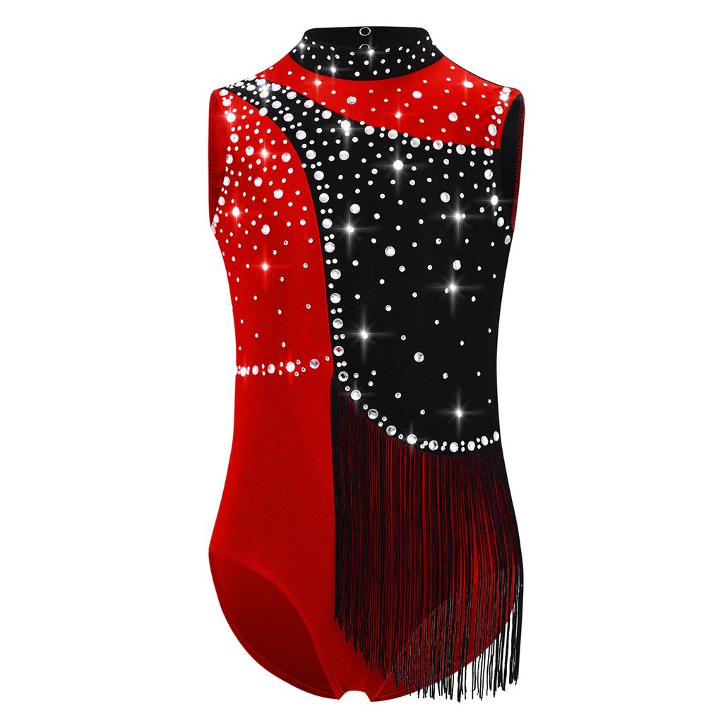 Girls Gymnastics Leotard Color Block Mock Neck Sleeveless Keyhole Back Shiny Rhinestones Tassels Bodysuit