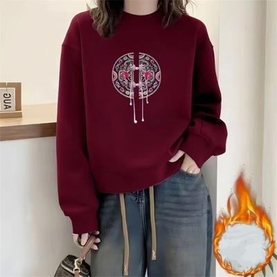 Chinese Embroidery Women Crew Neck Pullover Autumn Winter Fleece Lined Thick Casual Elegant Top