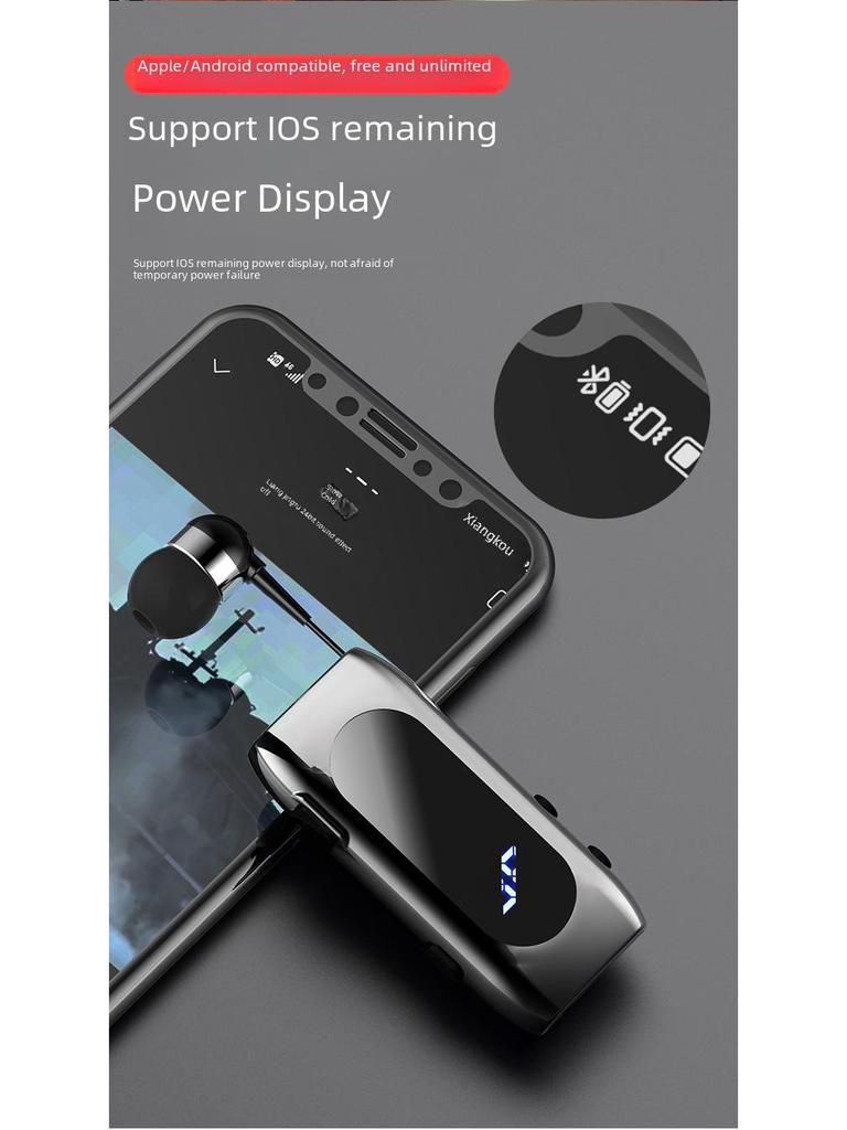 K55 Bluetooth Headset: Vibrating Call Alert, Clip-On Design, Retractable Cable, Smart Connection, Sports Single-Ear In-Ear Style