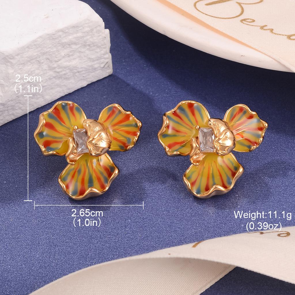 Retro flower earrings temperament three-dimensional diamond-set gradual change enamel color drip oil advanced new stud earrings women