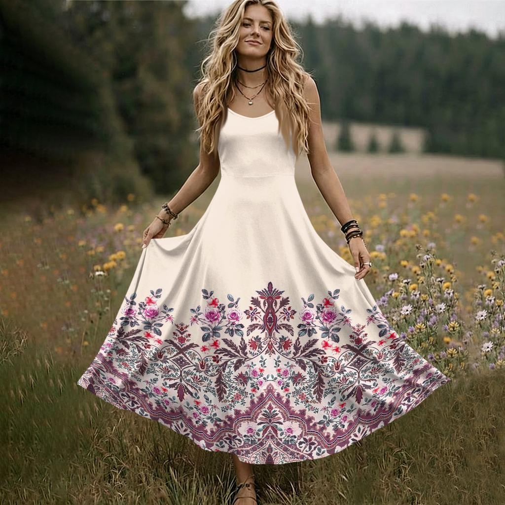 Women Sleeveless V Neck Maxi Dress Summer Bohemian Style Long Slip Dress with Embroidered Pattern and Adjustable Straps for Casual Wear