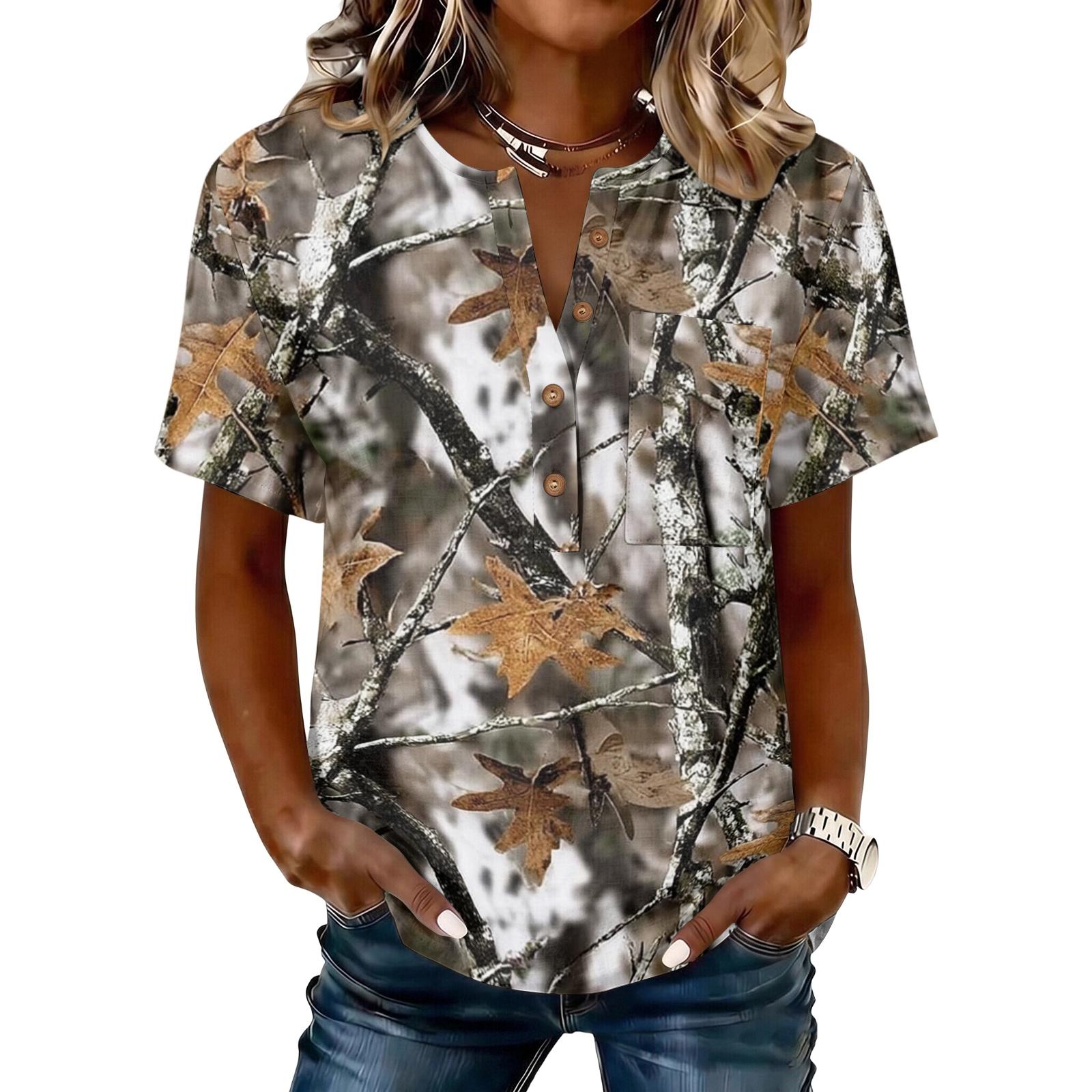 Women s Short Sleeve Shirt with Printed Pattern in Cotton Linen S