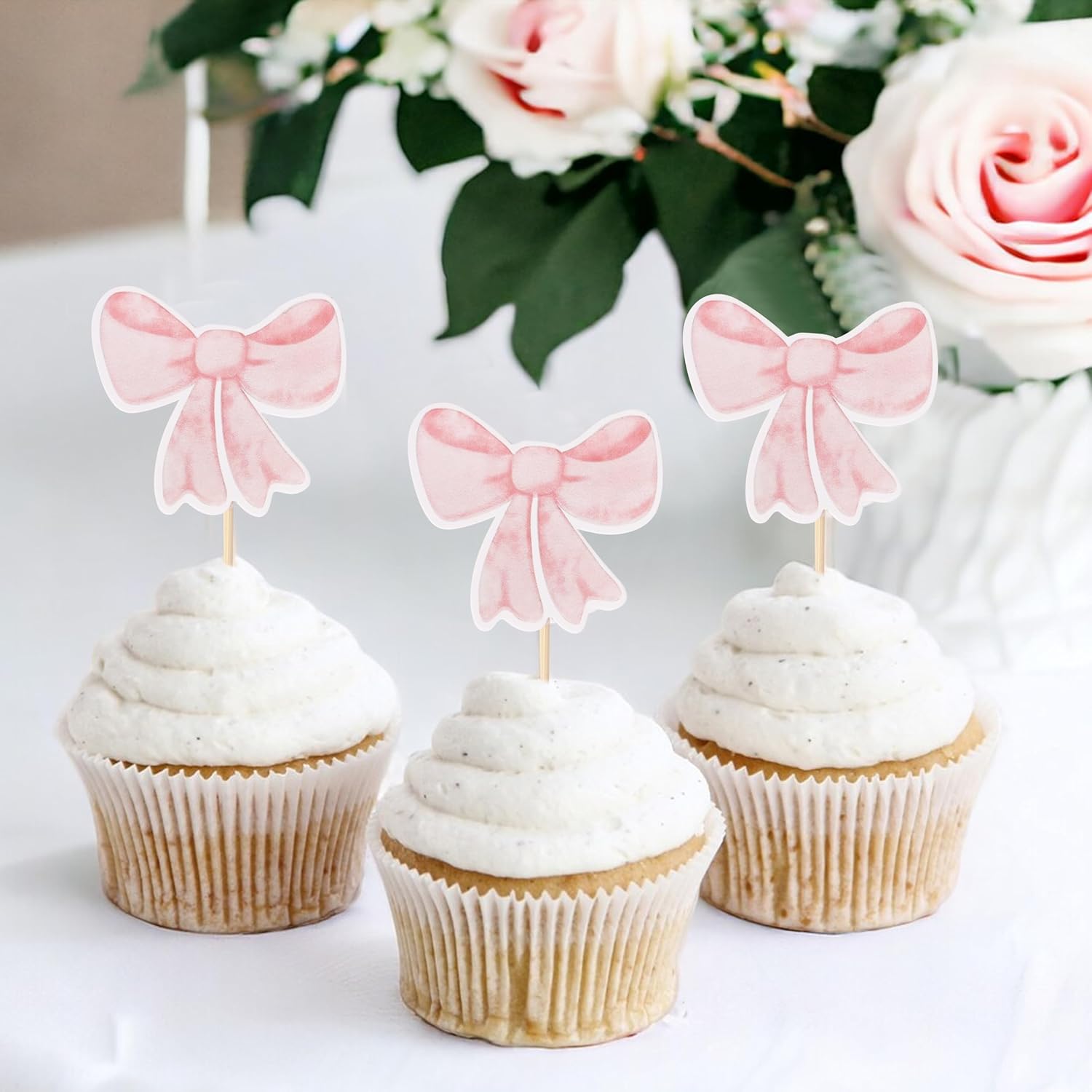 12Pcs Pink Bow Cupcake Toppers - Girls Birthday Party Decorations,Bow Tie Birthday Cupcake Toppers,Bachelorette Wedding Party Decorations,Pink Bow Bow Cupcake Toppers