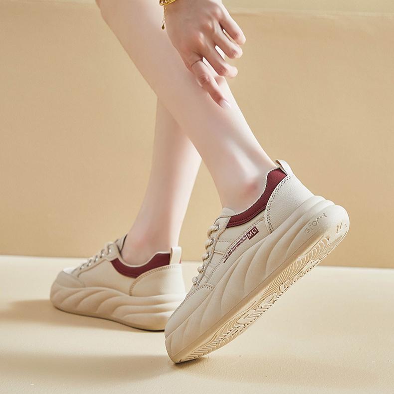 Damskie trampki na platformie, oddychające, skórzane, PU, wygodne, antypoślizgowe, sznurowane buty do biegania dla kobiet, grube tenisówki