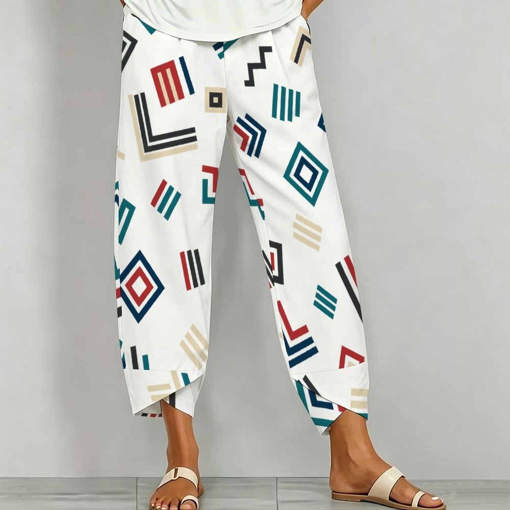Women Plus Size Loose Nautical Print Cropped Pants Blue Beige Cross Hem With Pockets