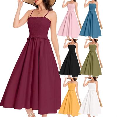 Women Summer Strap Backless Ruffles Solid Color A Line Holiday One Piece Dress