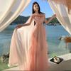 French Sexy Pink One-word Shoulder Streamer Mesh Dress Elegant Temperament Suspender Waist Dress Dress Dress