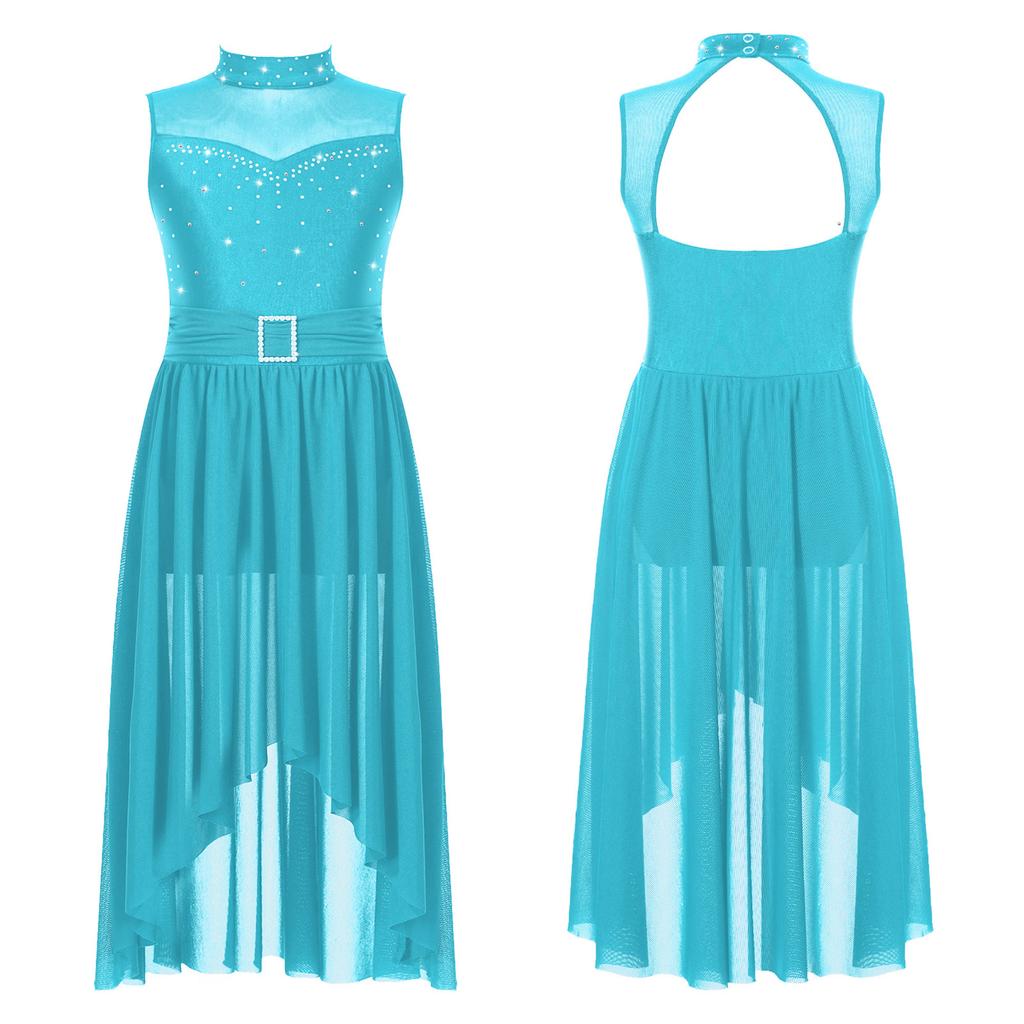 Girls Rhinestone Lyrical Modern Dance Dress Sleeveless Back Hollow High Low Hem Built In Briefs Dance Leotard Dress for Kids