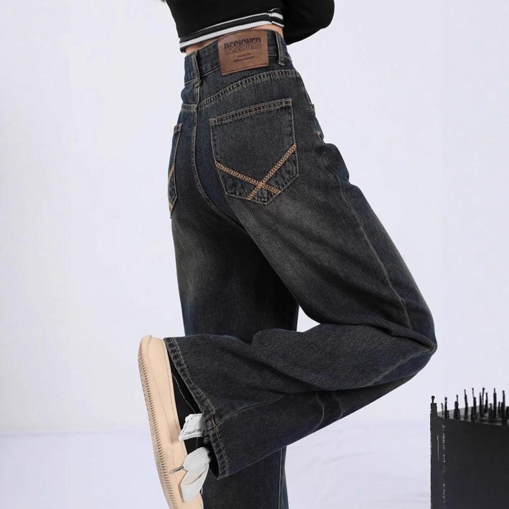Women's Plus Size Retro Wide Leg Washed Jeans with Zipper
