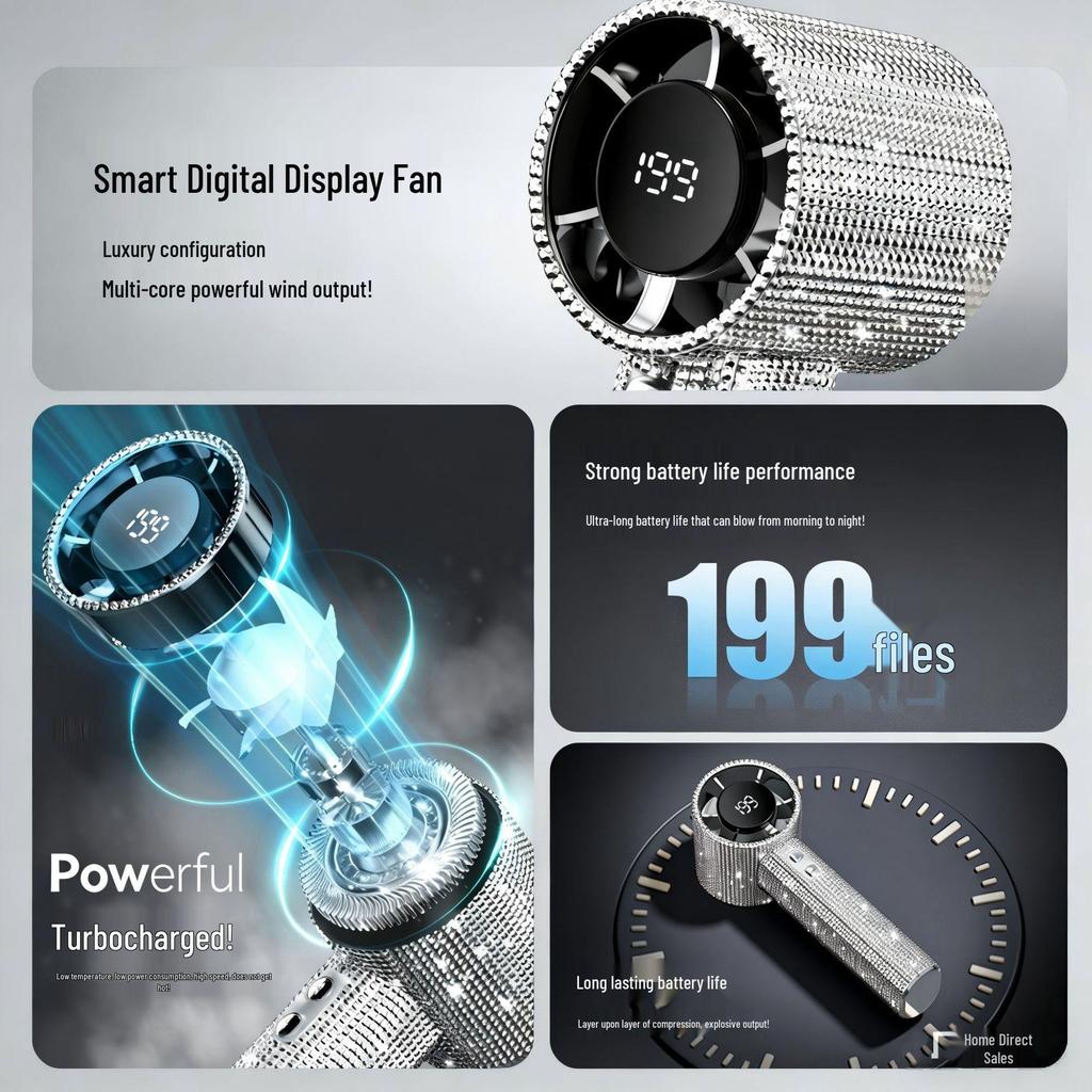 USB Digital Display Mini High-Speed Handheld Fan with Ice Pack and Drill-Enhanced Design