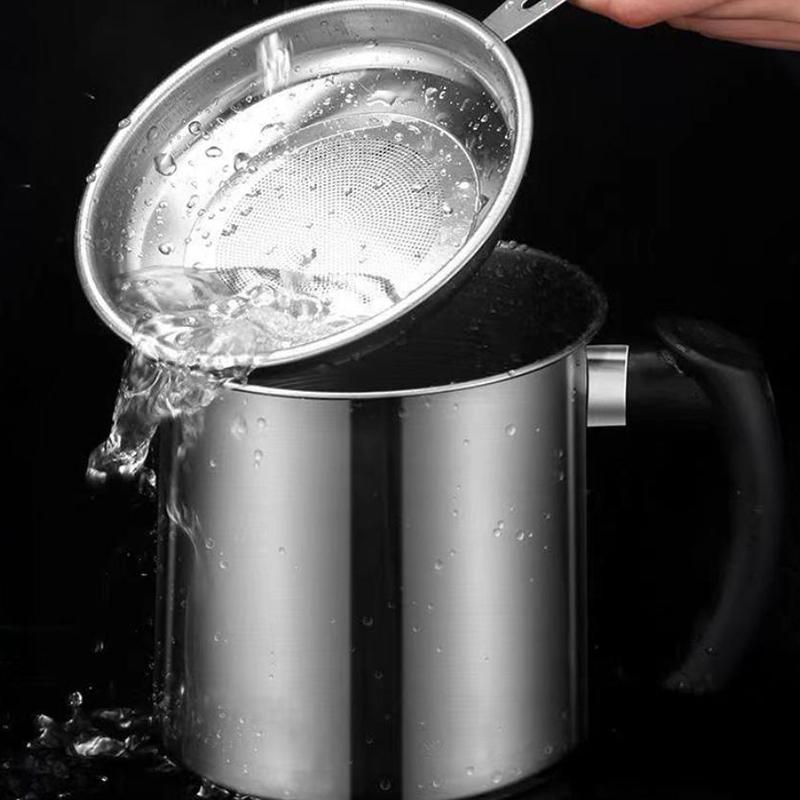 1Pc Stainless Steel Oil Filter Cup Durable Oil Pot With Built In Filter Easy To Invert Leakproof & Convenient Kitchen Gadgets