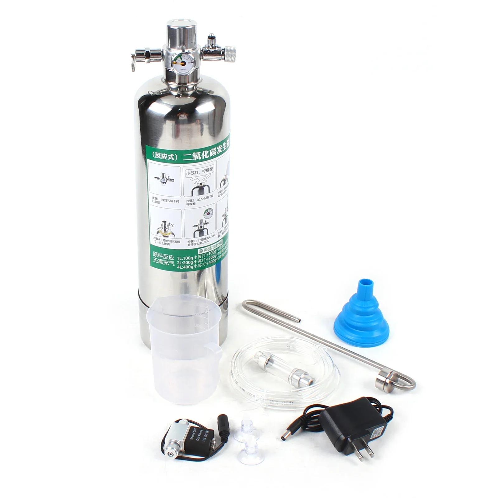 Sistema Generatore di CO2 per Acquari, Kit Bombola CO2 da 2L in Acciaio Inossidabile con Valvola Solenoide e Contabolle, per Piante d'Acquario argento