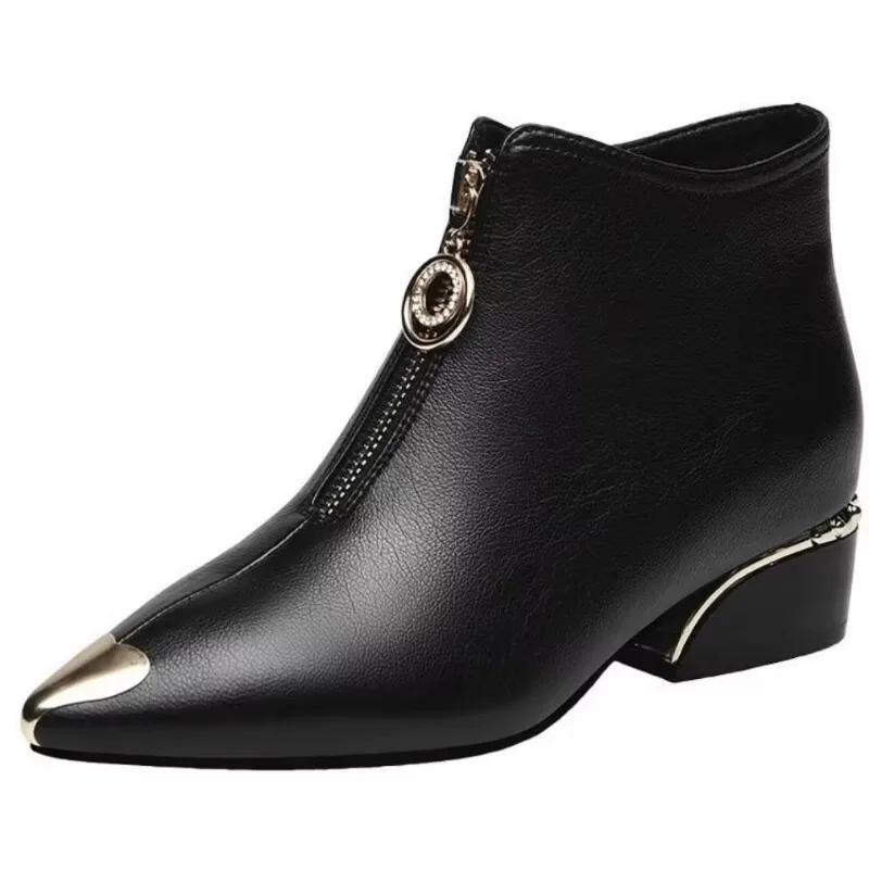 Módní obuv Dámská 2024 Vysoká kvalita Kotníkové Dámské boty Značka Moderní boty Dámské Špičatá špička Nízký podpatek Přední zip Dámská obuv Zapatos