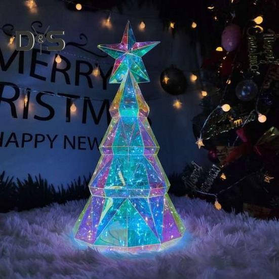 LED Christmas Tree Ornament Light-up Polyhedra Xmas Tree Figurine with Star Top Festive Holiday Decor for Home Table Decoration
