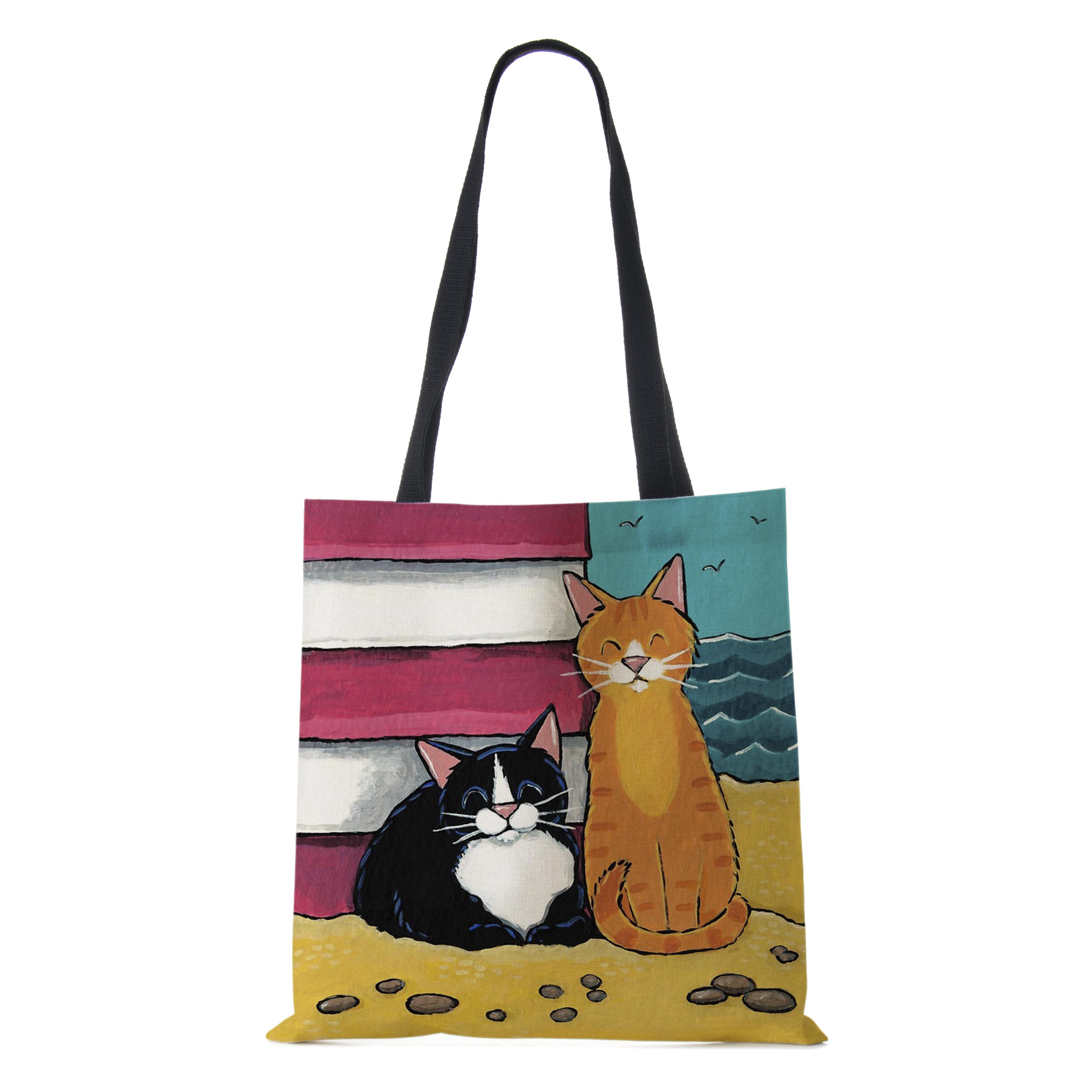 

Женские льняные сумки с кошачьим принтом, повседневные дорожные пляжные подарочные пакеты