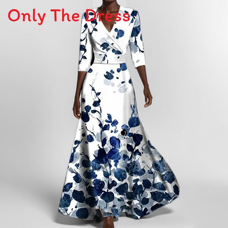 Elegant V Neck Print Pleated Long Dress For Women With Polyester Fabric And Office Style