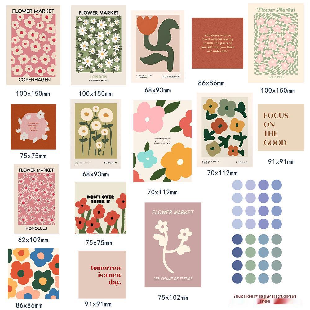 Qiyu 15-Piece Floral Art Postcard & Wall Sticker Set for Dorm and Desk Decor