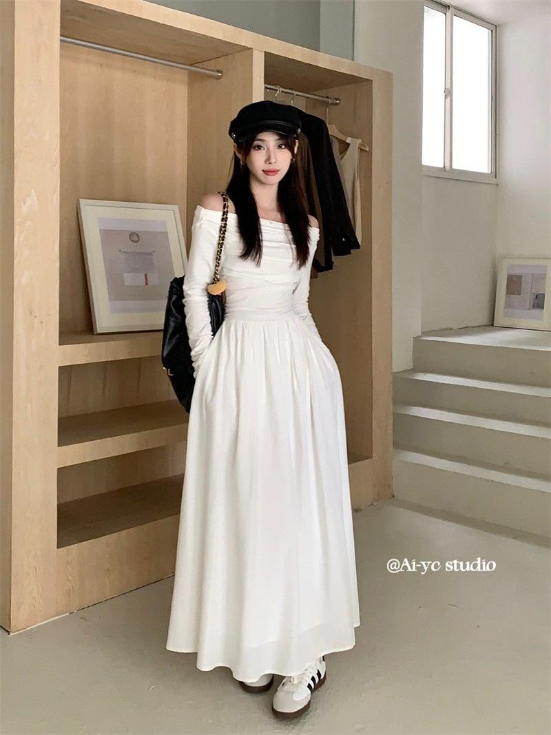 

French one-word shoulder white knitted long-sleeved dress for women s autumn feeling waist inside with off-the-shoulder bottom dress S белый