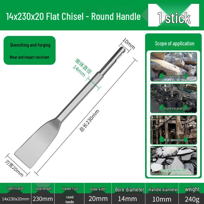 Electric Hammer Drill Bit Set: Square/Round/Hex Shanks, Ultra-Thin Flat/Point Chisel, Shovel, Slotted Wall-Cutting Chisel Head.