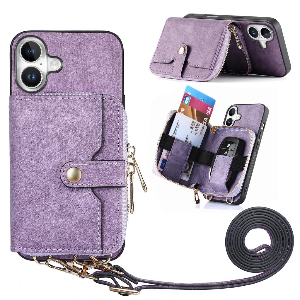 For iPhone 16 Case Zipper Card Holder PU Leather Phone Back Cover with Long Strap