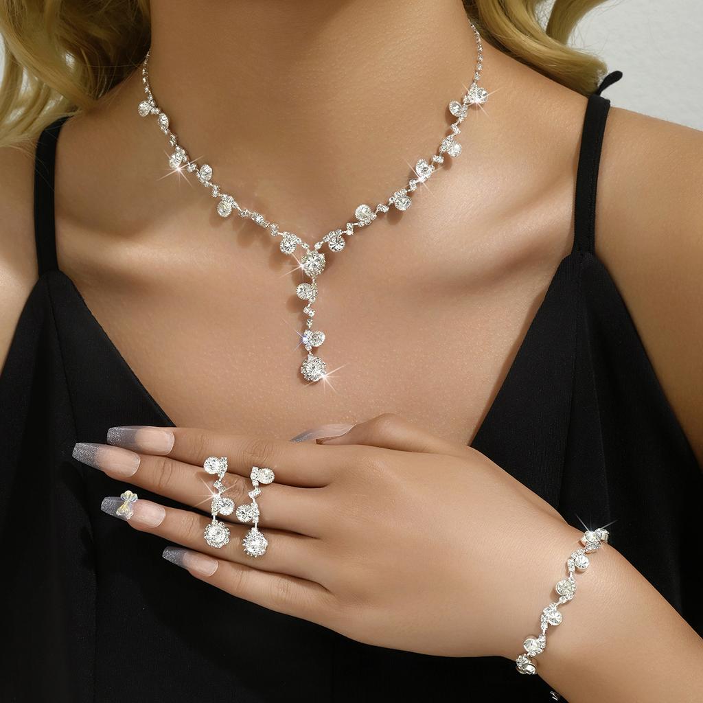 4PC Fashion Simple Copper Inlaid Rhinestone Claw Chain Necklace Earrings Bracelet Zircon Set Women's Wedding Decoration-5273