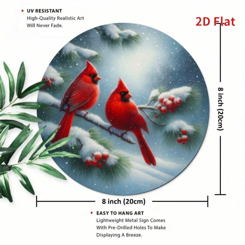 Winter Snow Red Cardinal Double Habitat Iron Wall Art Round 7.8 Inch Metal Sign Home Decor Coffee Shop Restaurant Gift Christmas Holiday Decoration