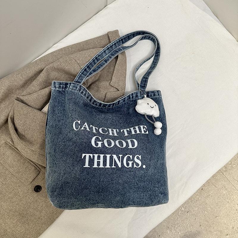 Vintage American Denim Canvas Bag ins Large Capacity Embroidered Shoulder Bag Student Class Versatile Handbag