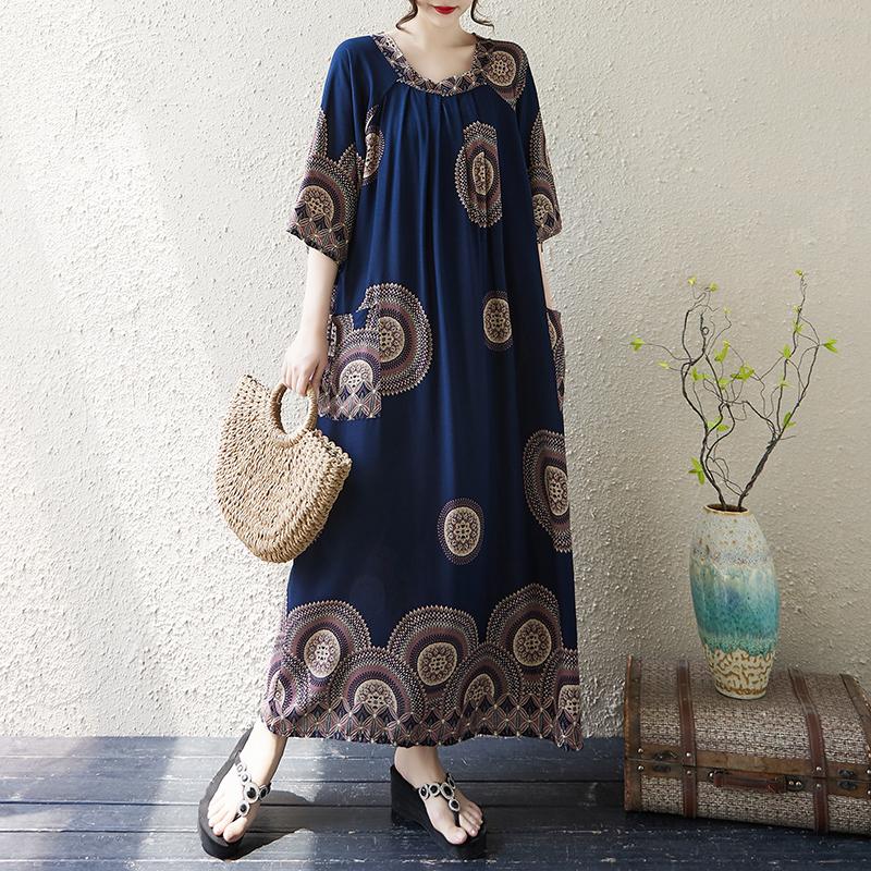 

DIMANAF New 2025 Plus Size Summer Dress Women Basic Printing Casual Short Sleeve Dress Loose Long Dress One Size синий