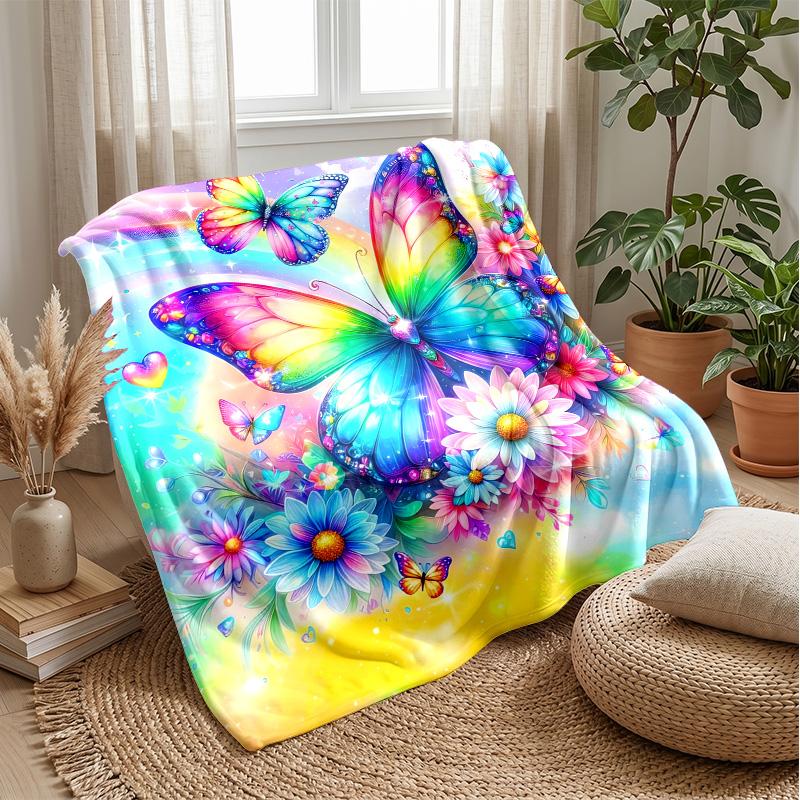 Rainbow Butterfly and Flowers Theme blanket Lightweight Warm Flannel Blanket Decorative Throw Blanket for Home Decoration