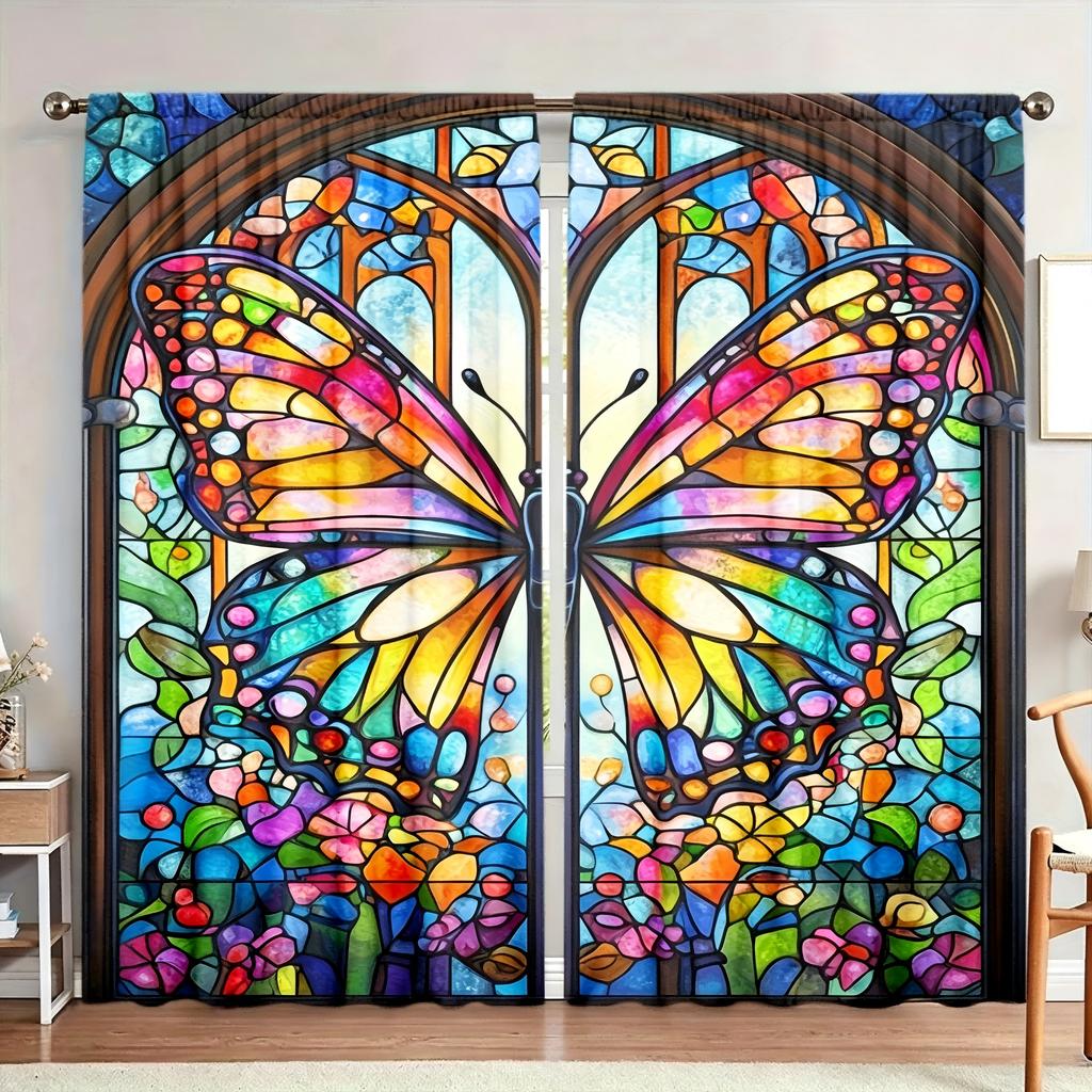 2-Piece Set of Stained Glass Butterfly Curtains, Rod-Pocket Polyester Blackout Curtains, Colorful Mosaic Art Print Light-Filtering Curtains